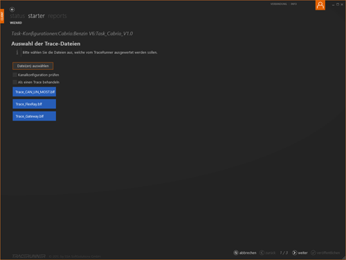 Auswahl von Tracedateien zur Analyse im TraceRunner